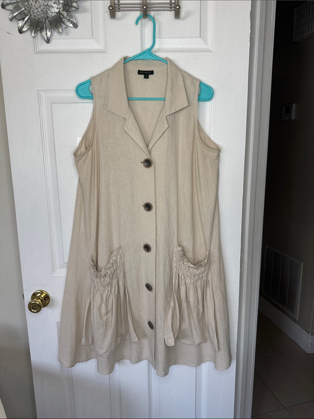For Cynthia Beige Sleeveless Linen Blend Button-Front Tunic Dress. Sz M